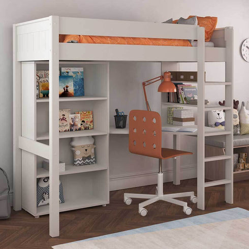 New Classic Highsleeper With Integrated Desk And Shelving And Tall Bookcase White